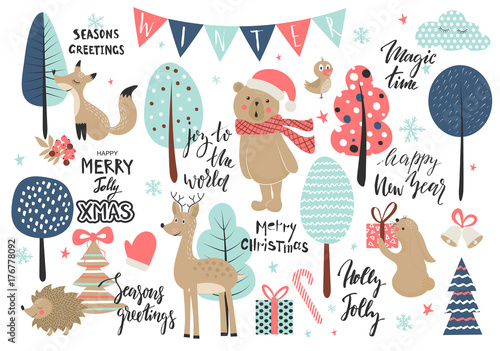 Christmas set, hand drawn style - calligraphy, animals and other elements. Vector illustration.