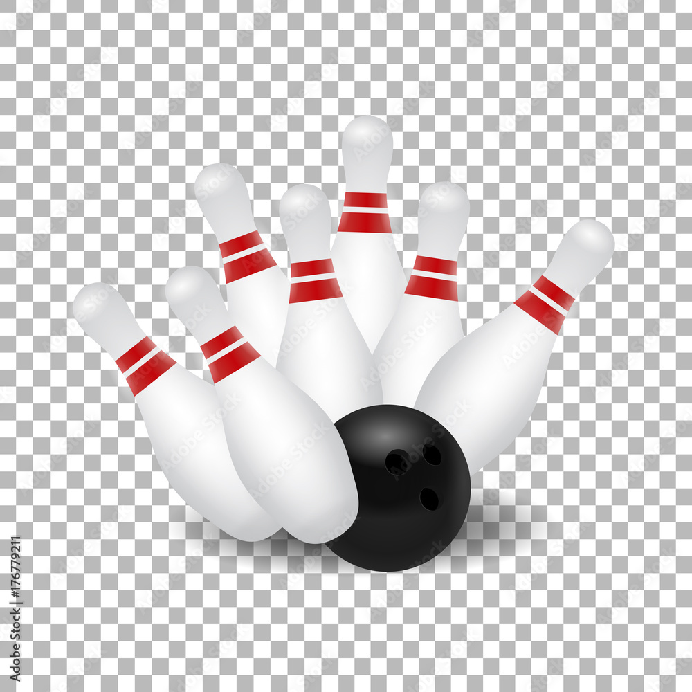 Vector realistic isolated bowling skittle and ball strike for decoration and covering on the transparent background. Vector realistic isolated bowling skittle and ball strike for decoration and covering on the transparent background.