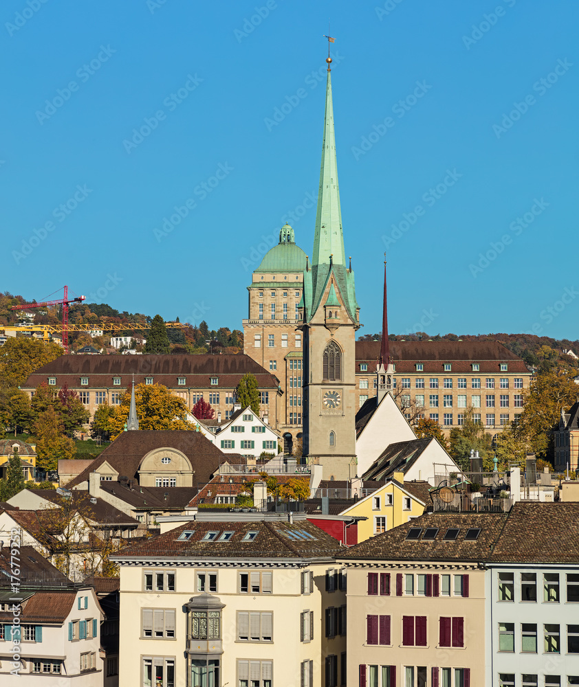 Buildings of the city of Zurich as seen from the Lindenhof park in autumn