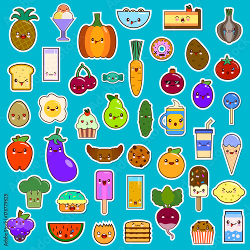 Big set of kawaii character funny cartoon food. Flat design Vector Illustration eps10