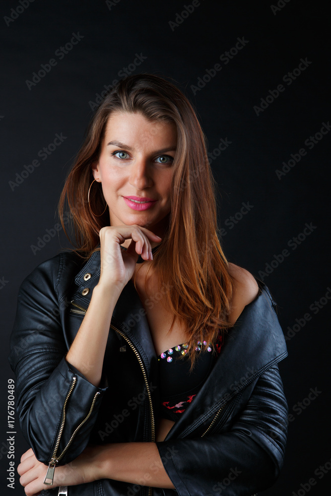 Photo of long-haired brunette in underwear, leather jacket Photo of long-haired brunette in underwear, leather jacket