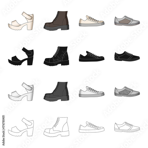 Men's and women's shoes. Different types of shoes set collection icons in cartoon black monochrome outline style vector symbol stock isometric illustration web.