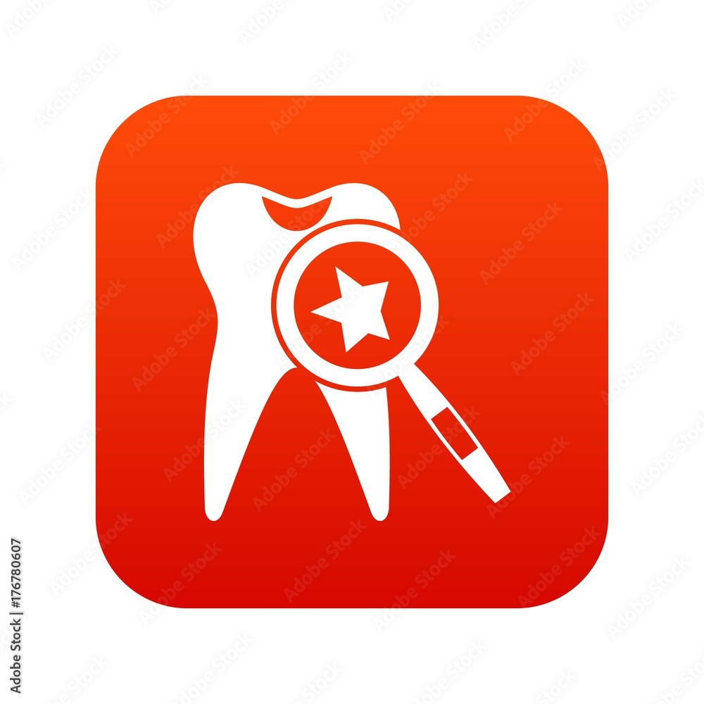Tooth with magnifying glass icon digital red Tooth with magnifying glass icon digital red