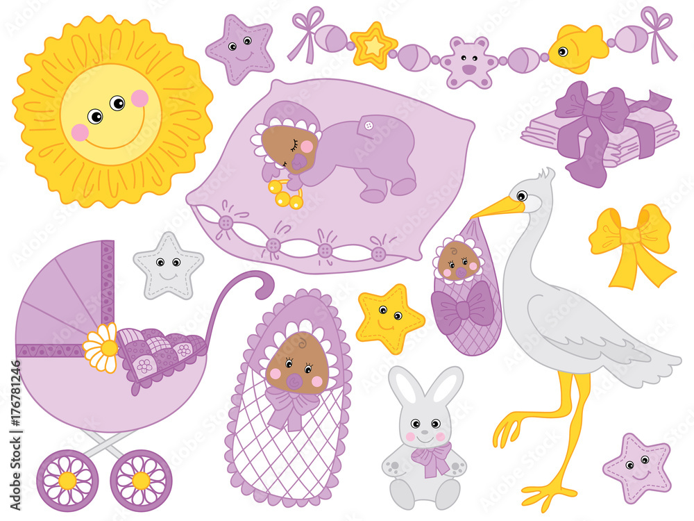 Vector Set for Baby Shower with African American Baby, Stork, Stroller and Elements