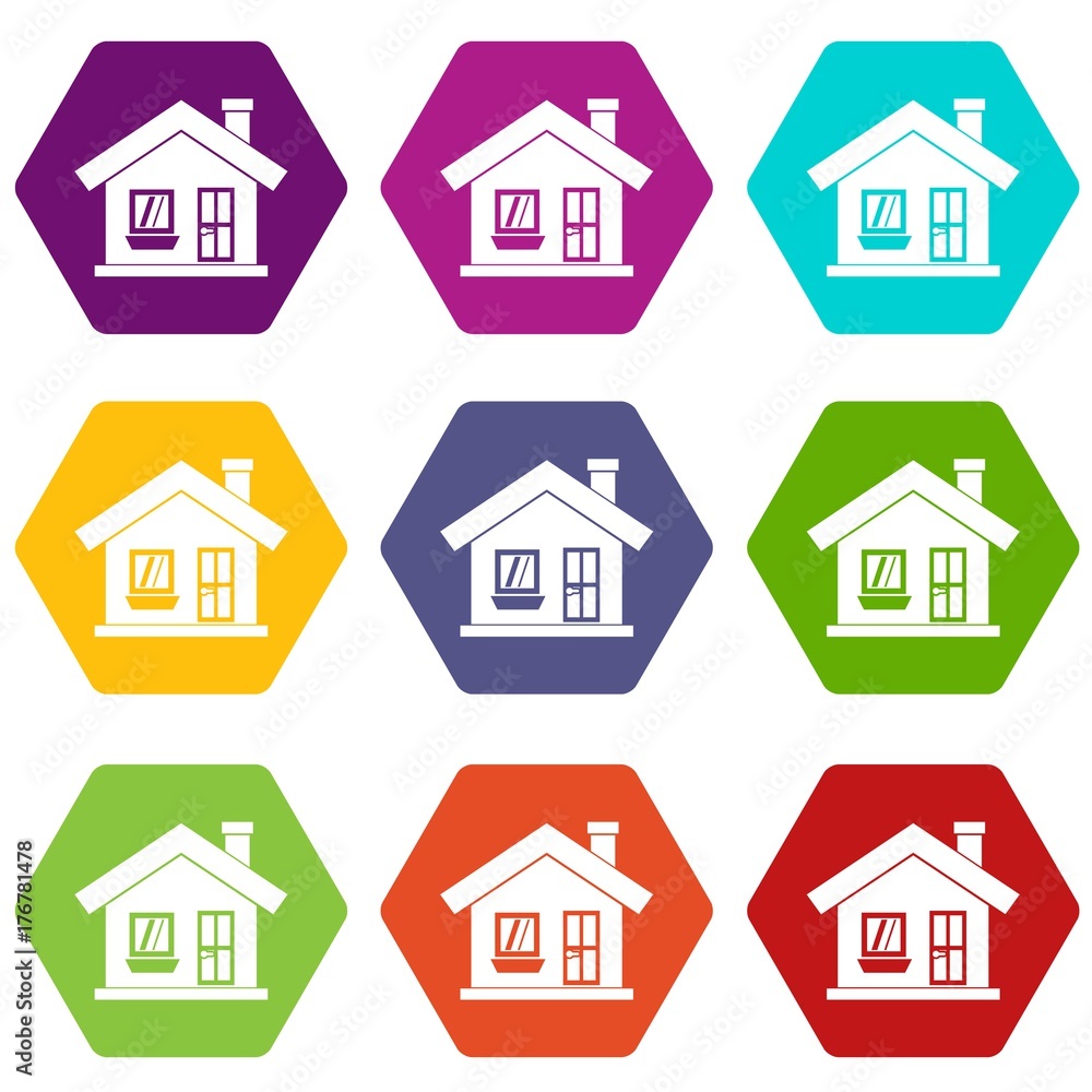 One-storey house with a chimney icon set color hexahedron One-storey house with a chimney icon set color hexahedron