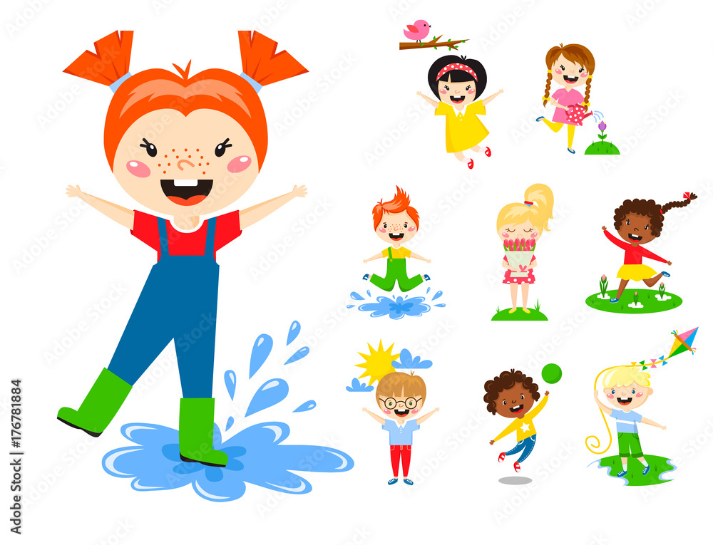 Kids play enjoy spring arrival warm summer little characters happy playing vector illustration. Kids play enjoy spring arrival warm summer little characters happy playing vector illustration.
