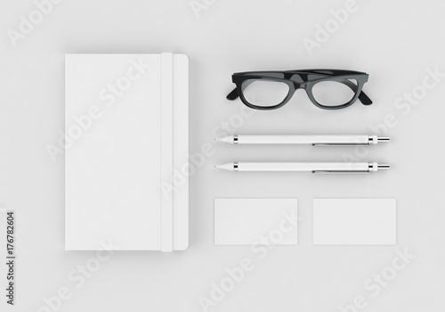 White stationery mock-up template for branding identity on gray background for graphic designers presentations and portfolios. 3D rendering.