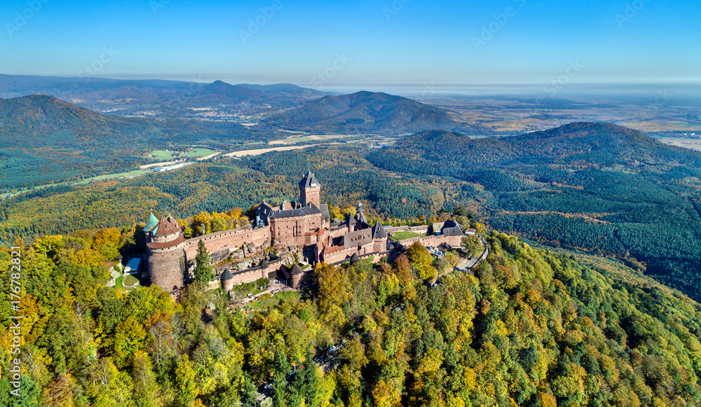 Aerial view of the Chateau du Haut-Koenigsbourg in the Vosges mountains. Alsace, France