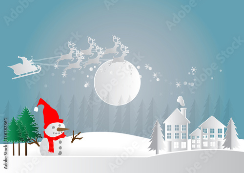 Merry Christmas and Happy New Year. Illustration of Santa Claus on the sky and country village with snowman and winter season landscape