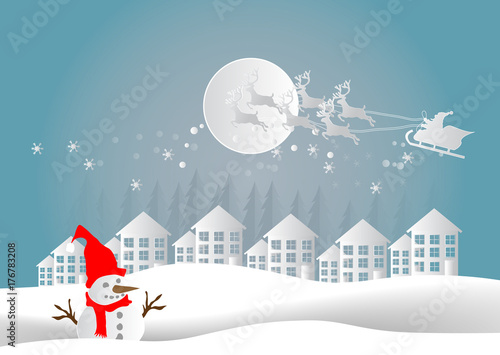 Merry Christmas and Happy New Year. Illustration of Santa Claus on the sky and country village with snowman and winter season landscape