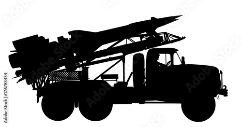 Artillery Launcher truck vector silhouette illustration. Rocket carrier with nuclear bomb. Nuclear test, war treat. 
