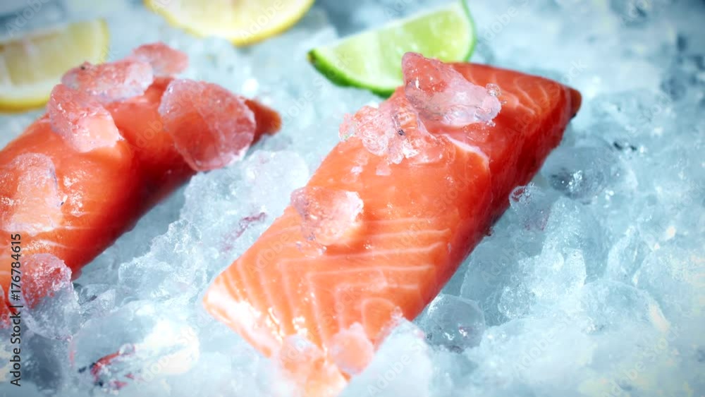 4k Fish and Seafood on Ice, Dolly of Red Salmon