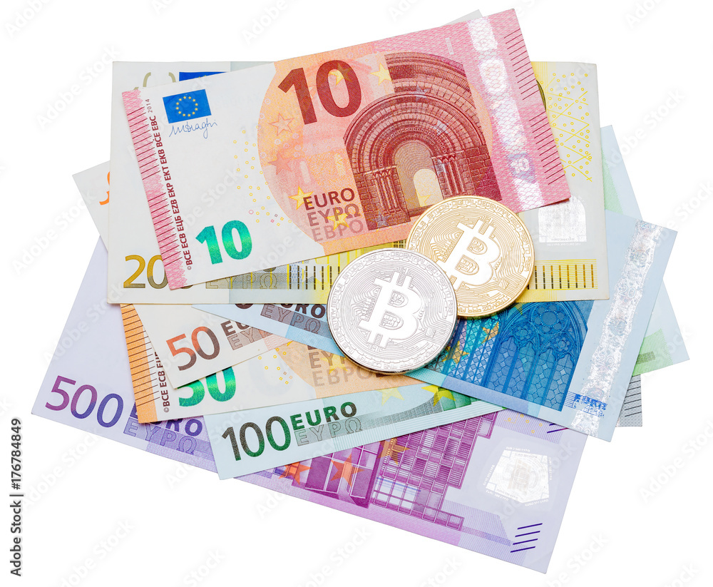 Silver and golden bitcoin and euro banknote on white background. Silver and golden bitcoin and euro banknote on white background.
