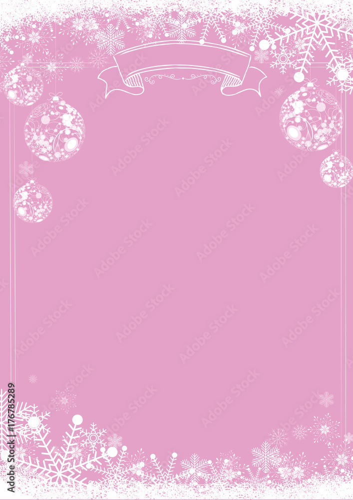 Classic pink winter christmas background with snowflake xmas ball