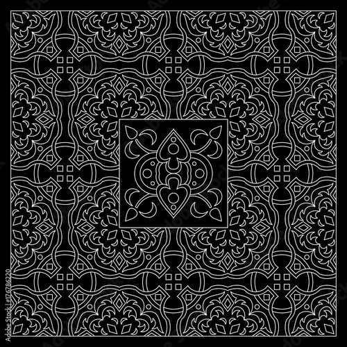 Black and White bandana print with tiling pattern maroccan style.Square pattern design for pillow, carpet, rug. Design for silk neck scarf, kerchief, hanky photo