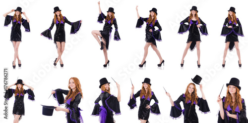 Pretty girl in purple carnival clothing and hat isolated on whit