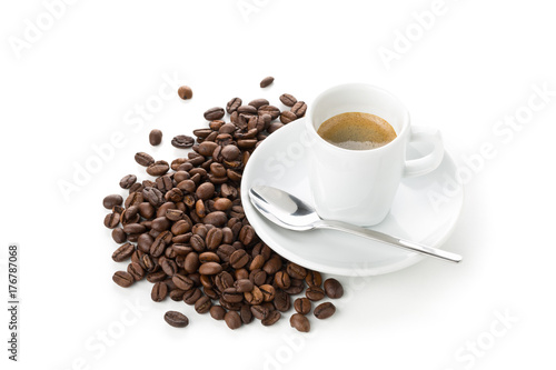 Coffee beans and cup of espresso