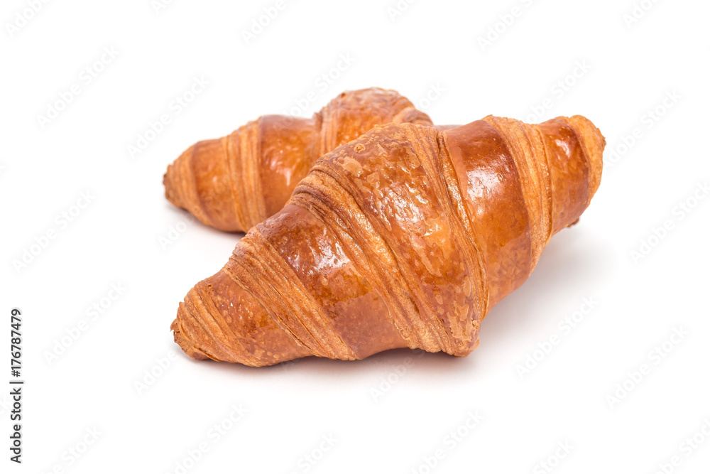 Two fresh croissant isolated on white background, Two fresh croissant isolated on white background,
