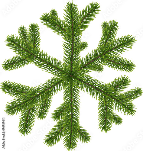 Green original coniferous snowflake isolated on white. Vector illustration.