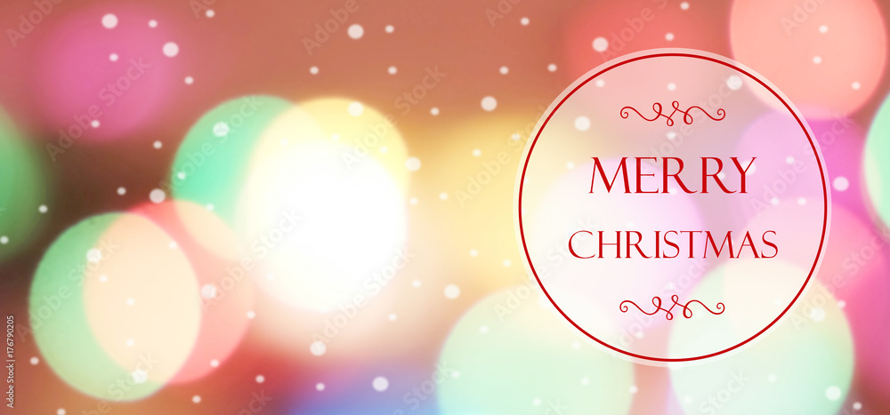 Merry Christmas greeting card over blur abstract festive light background, banner with copy space for text