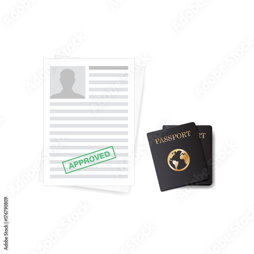 International passport document, immigration service, approved stamping. Visa application form. Top view. Creative vector concept, web banner, infographic.