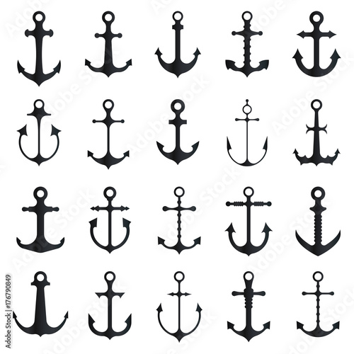 Vector boat anchors icons isolated on white background for marine tattoo or logo. Set of black silhouette anchos illustration.