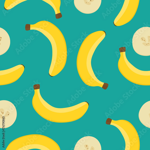 Seamless vector pattern with yellow bananas on a blue background. Fresh tropical fruits. Vector illustration for packaging, clothing