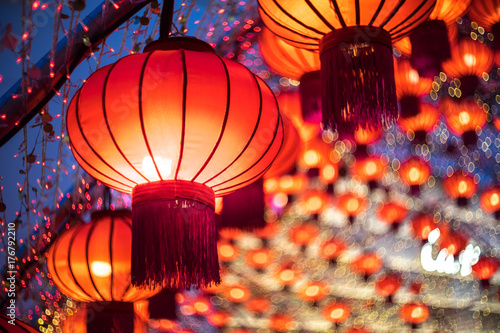 Chinese lanterns with beautiful bokeh hanging during new year festival
