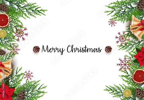 Christmas background with fir branches and golden bells