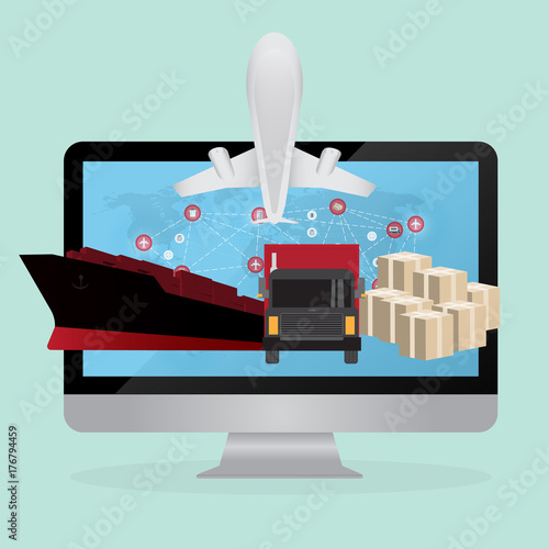 Logistics and transportation of Container Cargo ship  in shipyard logistic import export and transport industry on world map background photo