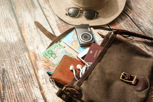 Traveler items vacation travel accessories holiday long weekend day off travelling stuff equipment background view concept