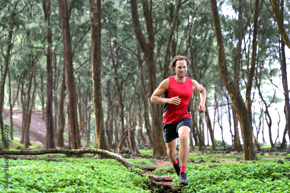 Trail runner man athlete running through forest nature on path sprinting jumping over wood. Sport sprinter active doing high intensity training outdoors in summer landscape. Trail runner man athlete running through forest nature on path sprinting jumping over wood. Sport sprinter active doing high intensity training outdoors in summer landscape.