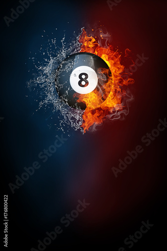 Billiards sports tournament modern poster template. High resolution HR poster size 24x36 inches  31x91 cm  300 dpi  vertical design  copy space. Billiards ball exploding by elements fire and water.