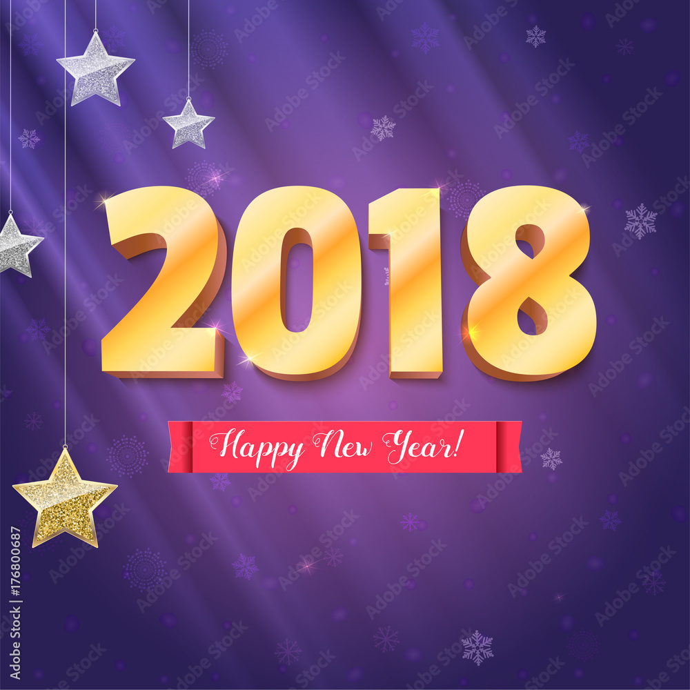 Happy New Year 2018 is coming. Gold numerals and silver stars. Happy New Year 3D illustration on backdrop with snowflakes, template for your greeting cards, print design or creative arts.