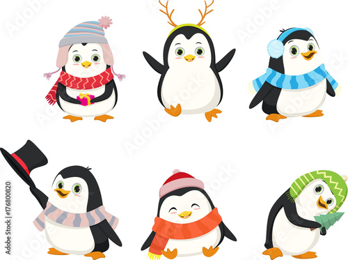 Cute Christmas penguin cartoon set.