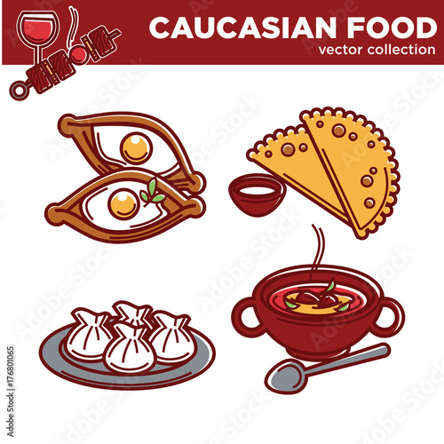 Caucasian cuisine food traditional dishes vector icons for restaurant menu