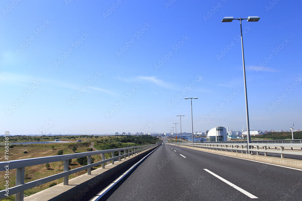 Car driving on highway, Tokyo bay area