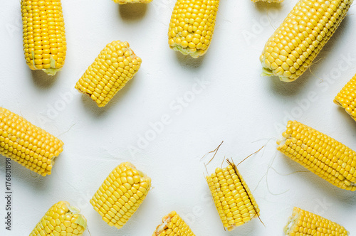 Corn on white background. Flat lay and top view