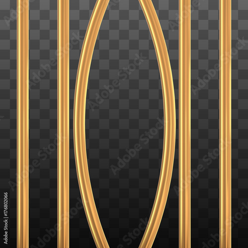 Broken golden prison bars on black transparent. Vector illustration. Way out to freedom from gold cage concept