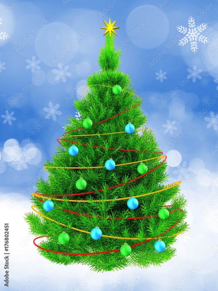 3d neon green Christmas tree over snow 3d neon green Christmas tree over snow