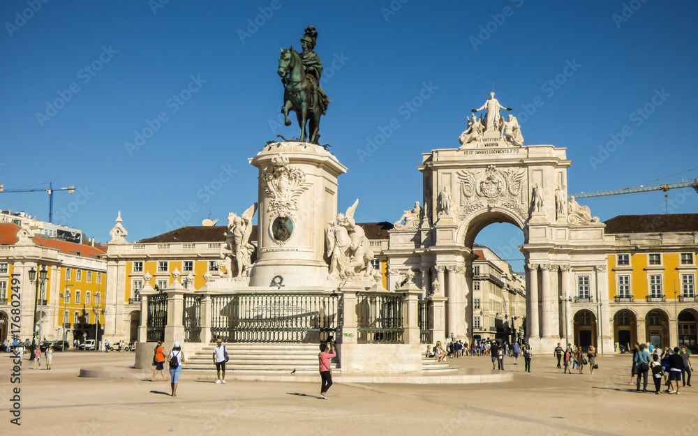 Lisbon, Portugal - Circa September 2017: Tourists sightseeing at the Commerce Square in Lisbon