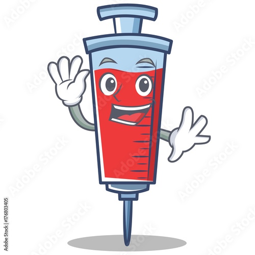 Waving syringe character cartoon style