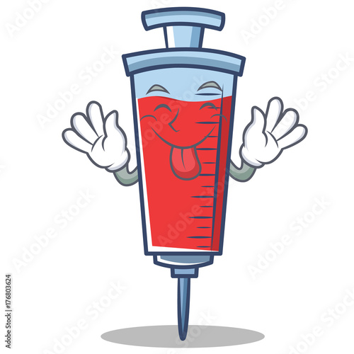 Tongue out syringe character cartoon style