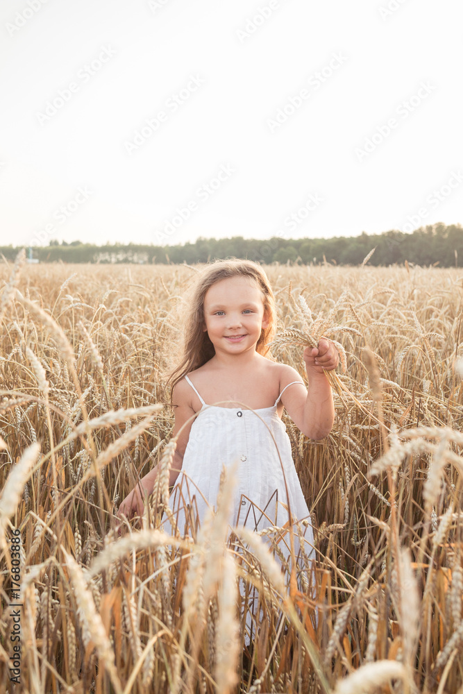 Little beautiful smiling girl on a gold wheat field walking at sunset. Happy five years old girl smiling and laughing in summer day at nature Little beautiful smiling girl on a gold wheat field walking at sunset. Happy five years old girl smiling and laughing in summer day at nature