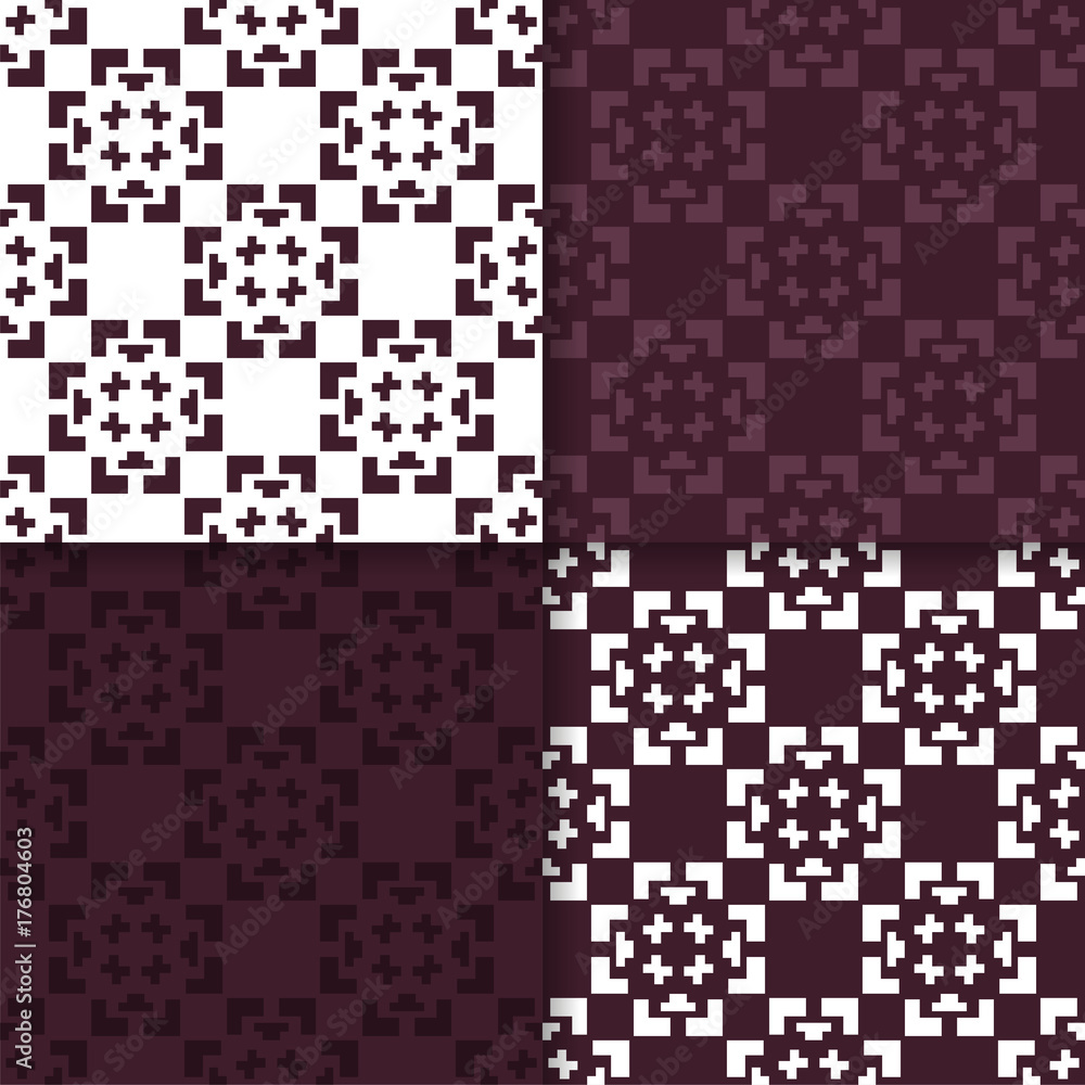 Fototapeta premium Geometric ornamental patterns. Set of maroon seamless backgrounds