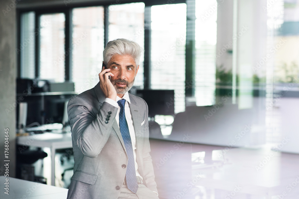 Mature businessman with smartphone in the office. Mature businessman with smartphone in the office.
