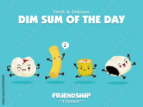 Vintage dim sum poster design element set. Chinese dish of small steamed or fried savory dumplings containing various fillings, served as a snack or main course.