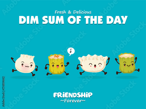 Vintage dim sum poster design element set. Chinese dish of small steamed or fried savory dumplings containing various fillings, served as a snack or main course.