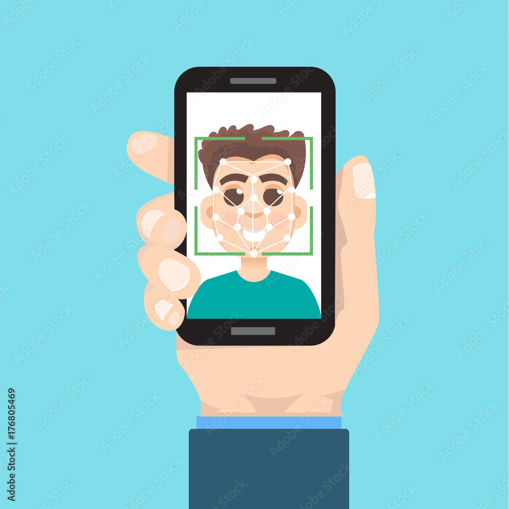 Biometric identification, face recognition system concept. smartphone in hand. Vector illustration.