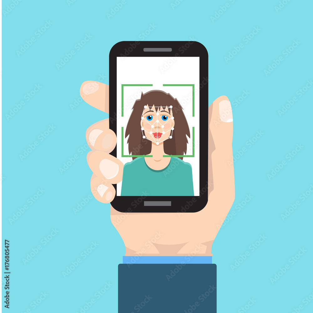 Biometric identification, face recognition system concept. smartphone in hand. Vector illustration.